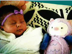 baby wrapped in a blanket, sleeping next to a stuffed-animal owl